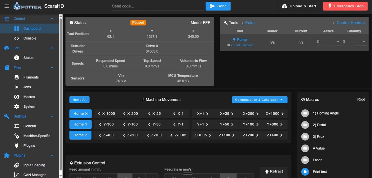 Duet Web Control live dashboard on a Pro Build 3D printer