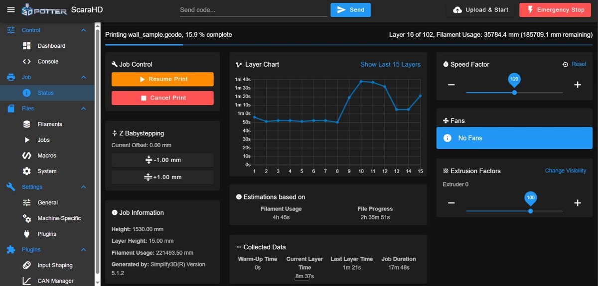 Duet Web Control job status during a wall print