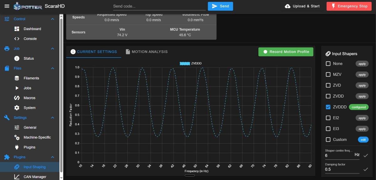 Input shaping calibration in Duet Web Control